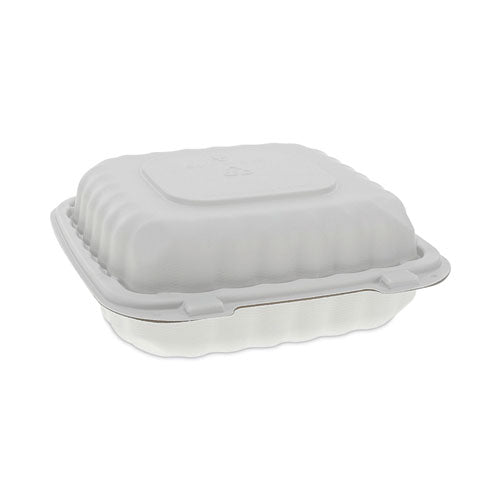 Image of Pactiv Evergreen YCN808030000 EarthChoice SmartLock Microwavable MFPP Hinged Lid Container, 3 Compartments, 8.35 x 8.35 x 3.1, White, Plastic, 200/Carton