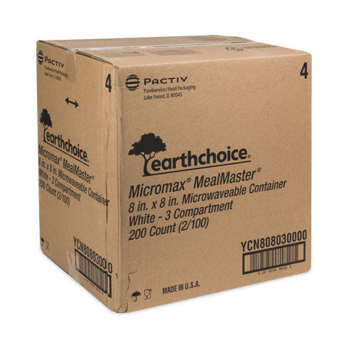 Image of Pactiv Evergreen YCN808030000 EarthChoice SmartLock Microwavable MFPP Hinged Lid Container, 3 Compartments, 8.35 x 8.35 x 3.1, White, Plastic, 200/Carton