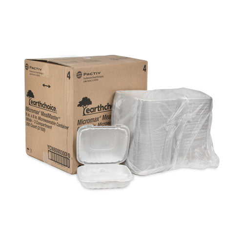 Image of Pactiv Evergreen YCN808030000 EarthChoice SmartLock Microwavable MFPP Hinged Lid Container, 3 Compartments, 8.35 x 8.35 x 3.1, White, Plastic, 200/Carton