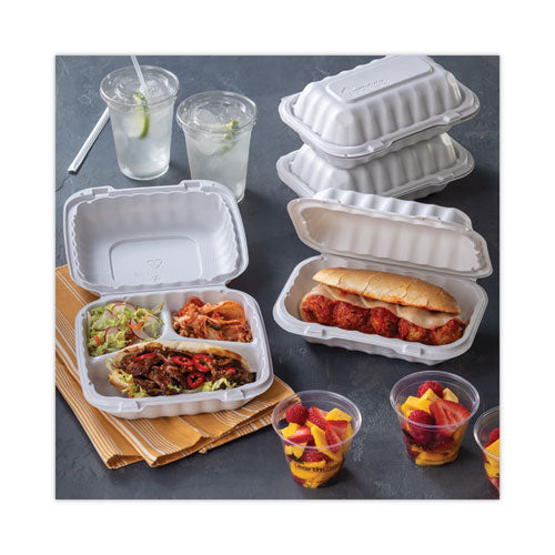Image of Pactiv Evergreen YCN808030000 EarthChoice SmartLock Microwavable MFPP Hinged Lid Container, 3 Compartments, 8.35 x 8.35 x 3.1, White, Plastic, 200/Carton