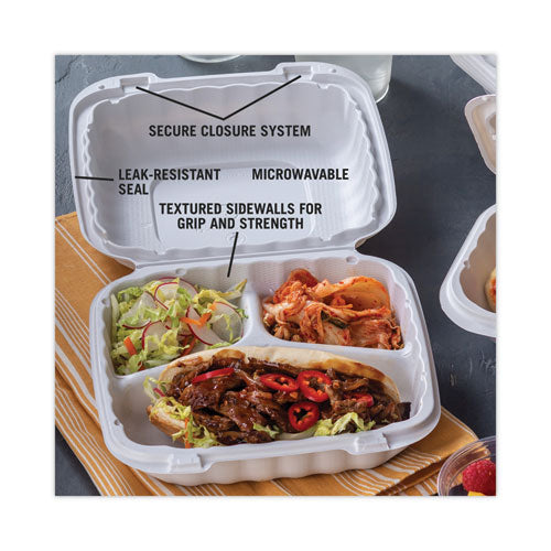Image of Pactiv Evergreen YCN808030000 EarthChoice SmartLock Microwavable MFPP Hinged Lid Container, 3 Compartments, 8.35 x 8.35 x 3.1, White, Plastic, 200/Carton