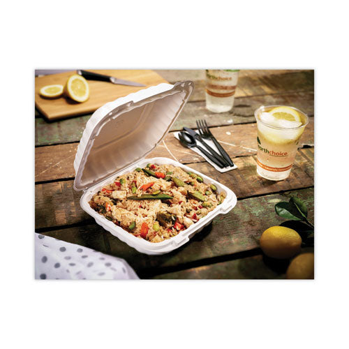 Image of Pactiv Evergreen YCN808030000 EarthChoice SmartLock Microwavable MFPP Hinged Lid Container, 3 Compartments, 8.35 x 8.35 x 3.1, White, Plastic, 200/Carton