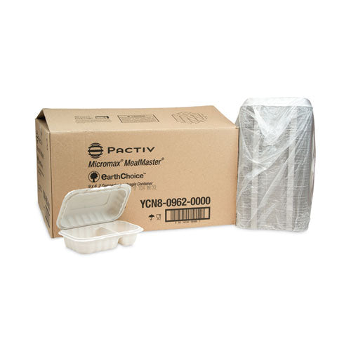 Image of Pactiv Evergreen YCN809620000 EarthChoice SmartLock Microwavable MFPP Hinged Lid Container, 2 Compartments, 9 x 6 x 3, White, Plastic, 270/Carton