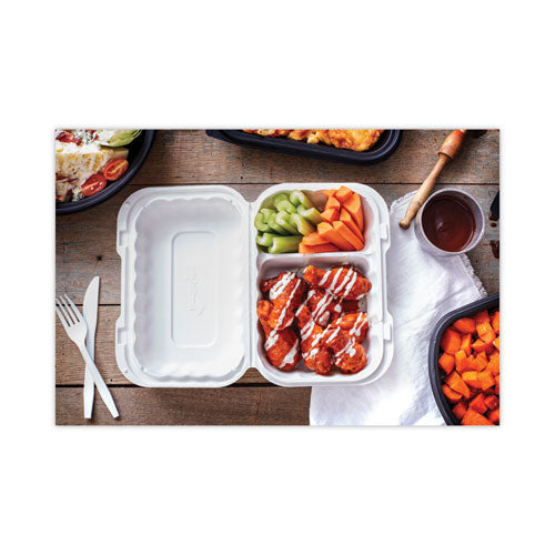 Image of Pactiv Evergreen YCN809620000 EarthChoice SmartLock Microwavable MFPP Hinged Lid Container, 2 Compartments, 9 x 6 x 3, White, Plastic, 270/Carton