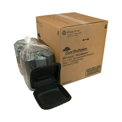 Image of Pactiv Evergreen YCNB08010000 EarthChoice SmartLock Microwavable MFPP Hinged Lid Container, 8.35 x 8.35 x 3.1, Black, Plastic, 200/Carton