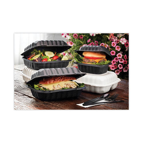 Image of Pactiv Evergreen YCNB08010000 EarthChoice SmartLock Microwavable MFPP Hinged Lid Container, 8.35 x 8.35 x 3.1, Black, Plastic, 200/Carton