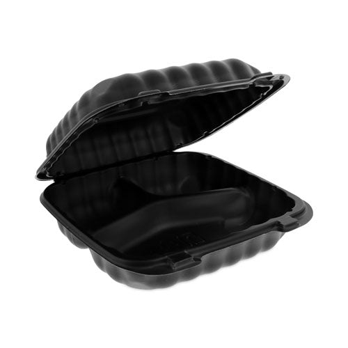 Image of Pactiv Evergreen YCNB08030000 EarthChoice SmartLock Microwavable MFPP Hinged Lid Container, 3 Compartments, 8.35 x 8.5 x 3.1, Black, Plastic, 200/Carton