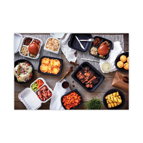 Image of Pactiv Evergreen YCNB08030000 EarthChoice SmartLock Microwavable MFPP Hinged Lid Container, 3 Compartments, 8.35 x 8.5 x 3.1, Black, Plastic, 200/Carton