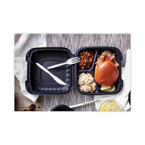 Image of Pactiv Evergreen YCNB08030000 EarthChoice SmartLock Microwavable MFPP Hinged Lid Container, 3 Compartments, 8.35 x 8.5 x 3.1, Black, Plastic, 200/Carton