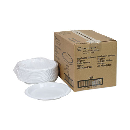 Image of Pactiv Evergreen Meadoware Impact Plastic Dinnerware, Plate, 8.88" dia, White, 400/Carton