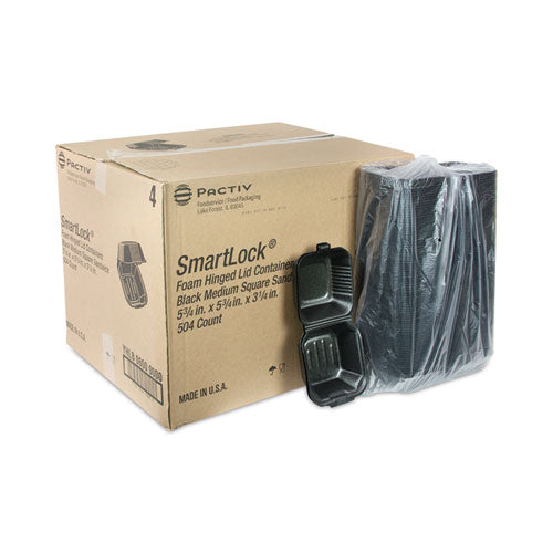Image of Pactiv Evergreen YHLB06000000 SmartLock Foam Hinged Lid Container, Sandwich, 5.8 x 5.8 x 3.3, Black, 504/Carton