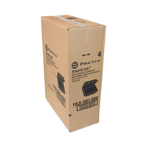 Image of Pactiv Evergreen YHLB08010000 SmartLock Foam Hinged Lid Container, Medium, 8 x 8.5 x 3, Black, 150/Carton