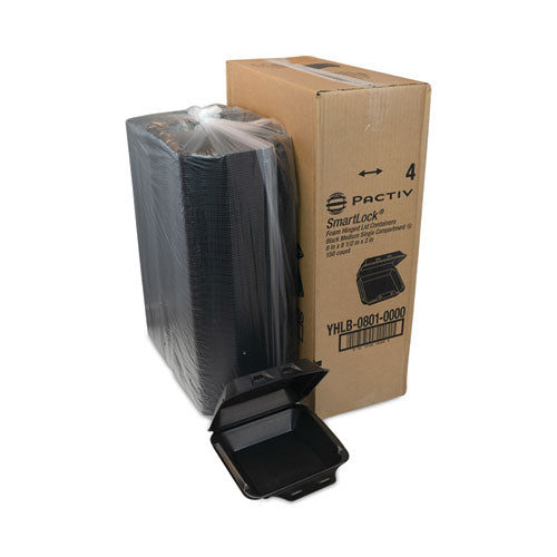 Image of Pactiv Evergreen YHLB08010000 SmartLock Foam Hinged Lid Container, Medium, 8 x 8.5 x 3, Black, 150/Carton