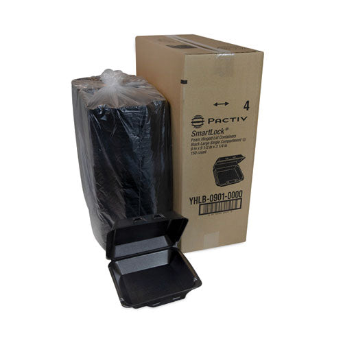 Image of Pactiv Evergreen YHLB09010000 SmartLock Foam Hinged Lid Container, Large, 9 x 9.1 x 3.3, Black, 150/Carton