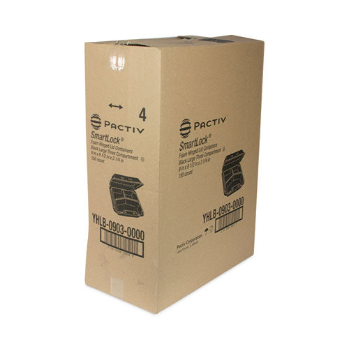 Image of Pactiv Evergreen SmartLock Foam Hinged Lid Container, Large, 3 Compartments, 9 x 9.5 x 3.25, Black, 150/Carton