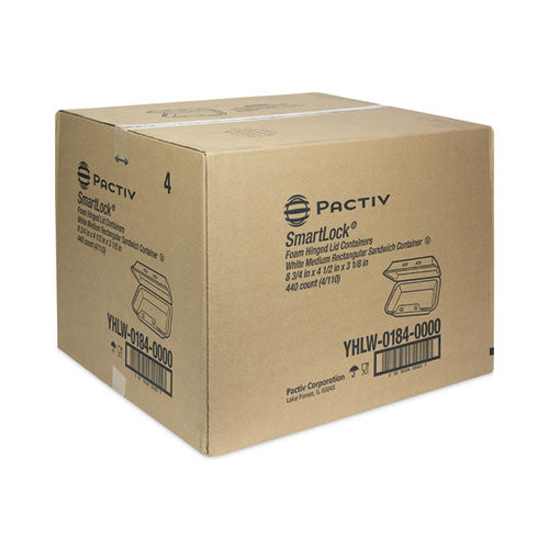 Image of Pactiv Evergreen YHLW01840000 SmartLock Foam Hinged Lid Container, Medium, 8.8 x 4.5 x 3.1, White, 440/Carton