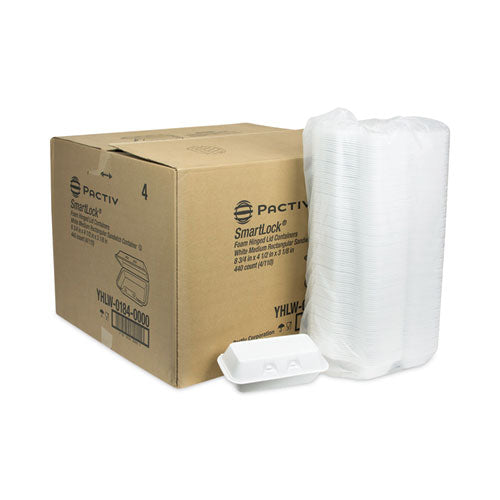 Image of Pactiv Evergreen YHLW01840000 SmartLock Foam Hinged Lid Container, Medium, 8.8 x 4.5 x 3.1, White, 440/Carton