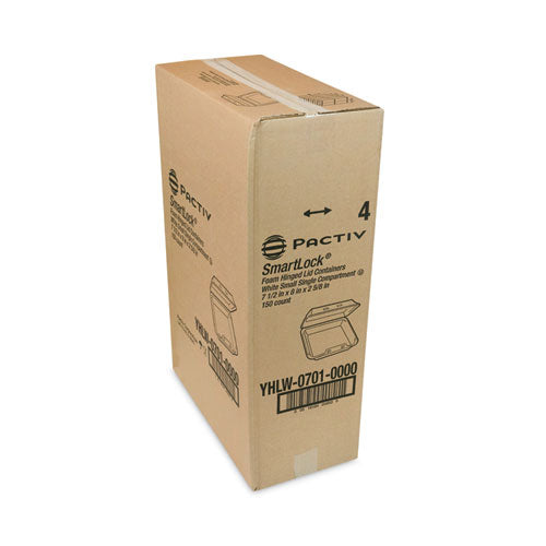 Image of Pactiv Evergreen YHLW07010000 SmartLock Foam Hinged Lid Container, Small, 7.5 x 8 x 2.63, White, 150/Carton