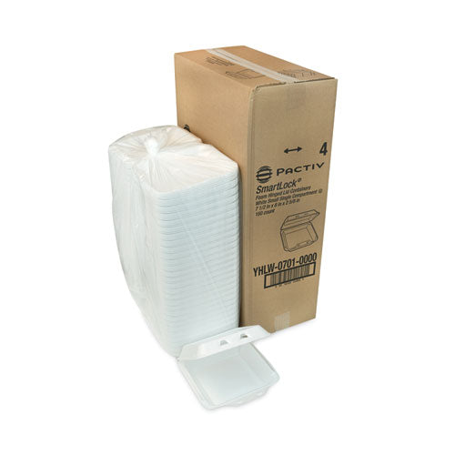 Image of Pactiv Evergreen YHLW07010000 SmartLock Foam Hinged Lid Container, Small, 7.5 x 8 x 2.63, White, 150/Carton