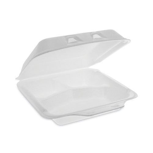 Image of Pactiv Evergreen YHLW07030000 SmartLock Foam Hinged Lid Container, Small, 3 Compartments, 7.5 x 8 x 2.63, White, 150/Carton