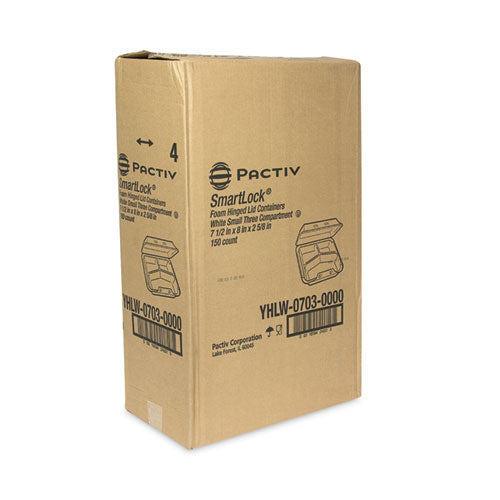 Image of Pactiv Evergreen YHLW07030000 SmartLock Foam Hinged Lid Container, Small, 3 Compartments, 7.5 x 8 x 2.63, White, 150/Carton