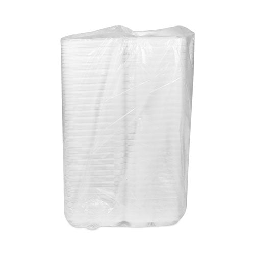 Image of Pactiv Evergreen YHLW07030000 SmartLock Foam Hinged Lid Container, Small, 3 Compartments, 7.5 x 8 x 2.63, White, 150/Carton
