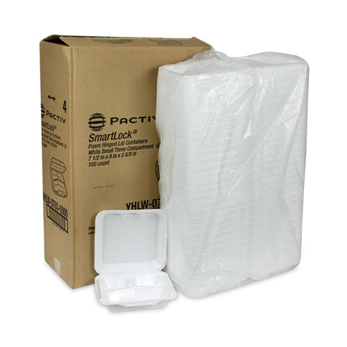 Image of Pactiv Evergreen YHLW07030000 SmartLock Foam Hinged Lid Container, Small, 3 Compartments, 7.5 x 8 x 2.63, White, 150/Carton
