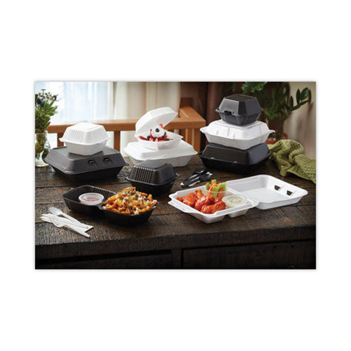 Image of Pactiv Evergreen YHLW07030000 SmartLock Foam Hinged Lid Container, Small, 3 Compartments, 7.5 x 8 x 2.63, White, 150/Carton
