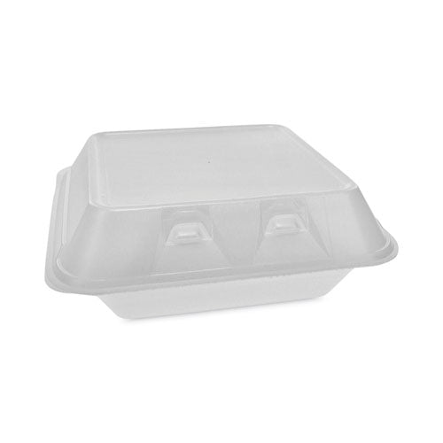 Image of Pactiv Evergreen YHLW08030000 SmartLock Foam Hinged Lid Container, Medium, 3 Compartments, 8 x 8.5 x 3, White, 150/Carton