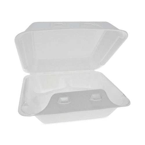 Image of Pactiv Evergreen YHLW08030000 SmartLock Foam Hinged Lid Container, Medium, 3 Compartments, 8 x 8.5 x 3, White, 150/Carton
