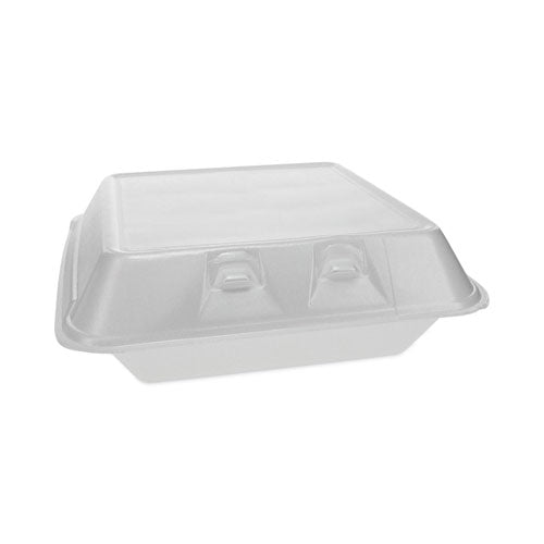 Image of Pactiv Evergreen YHLW09010000 SmartLock Foam Hinged Lid Container, Large, 9 x 9.1 x 3.3, White, 150/Carton