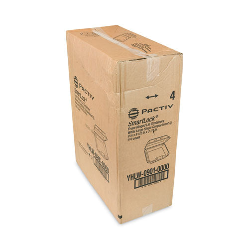 Image of Pactiv Evergreen YHLW09010000 SmartLock Foam Hinged Lid Container, Large, 9 x 9.1 x 3.3, White, 150/Carton
