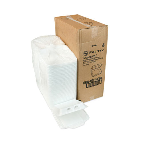 Image of Pactiv Evergreen YHLW09010000 SmartLock Foam Hinged Lid Container, Large, 9 x 9.1 x 3.3, White, 150/Carton