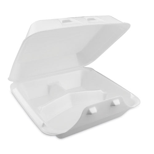 Image of Pactiv Evergreen YHLW09030000 SmartLock Foam Hinged Lid Container, Large, 3 Compartments, 9 x 9.25 x 3.25, White, 150/Carton