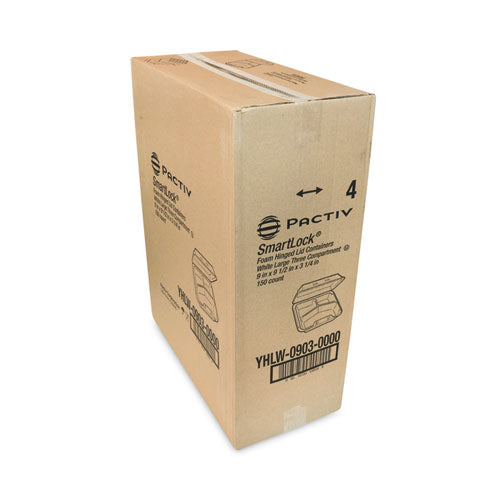Image of Pactiv Evergreen YHLW09030000 SmartLock Foam Hinged Lid Container, Large, 3 Compartments, 9 x 9.25 x 3.25, White, 150/Carton