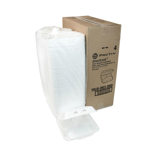 Image of Pactiv Evergreen YHLW09030000 SmartLock Foam Hinged Lid Container, Large, 3 Compartments, 9 x 9.25 x 3.25, White, 150/Carton