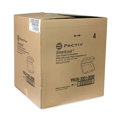 Image of Pactiv Evergreen YHLW10010000 SmartLock Foam Hinged Lid Container, X-Large, 9.5 x 10.5 x 3.3, White, 250/Carton