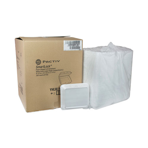 Image of Pactiv Evergreen YHLW10010000 SmartLock Foam Hinged Lid Container, X-Large, 9.5 x 10.5 x 3.3, White, 250/Carton