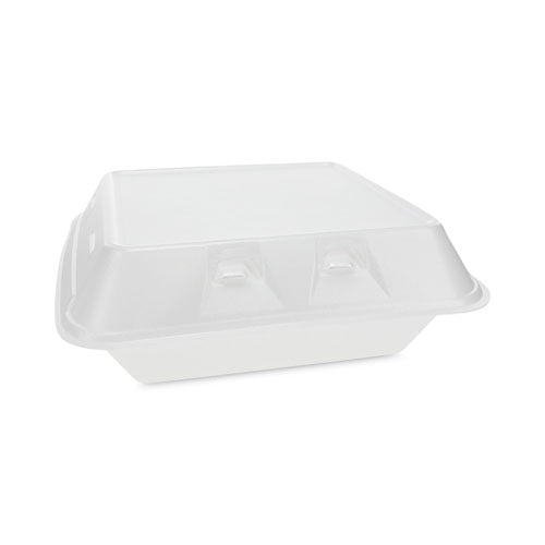 Image of Pactiv Evergreen YHLWV9030000 SmartLock Vented Foam Hinged Lid Container, 3 Compartments, 9 x 9.3 x 3.3, White, 150/Carton