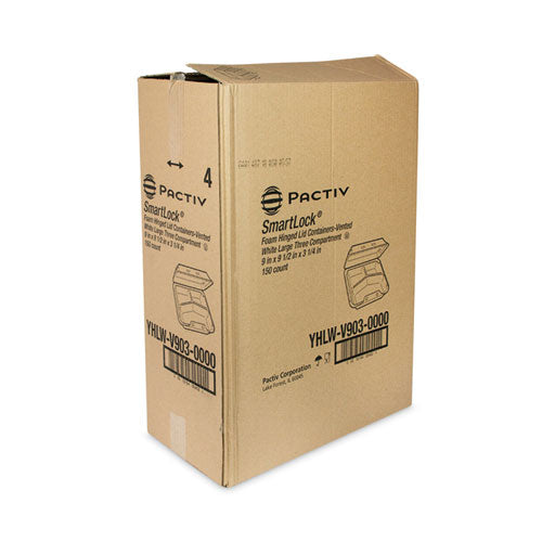 Image of Pactiv Evergreen YHLWV9030000 SmartLock Vented Foam Hinged Lid Container, 3 Compartments, 9 x 9.3 x 3.3, White, 150/Carton