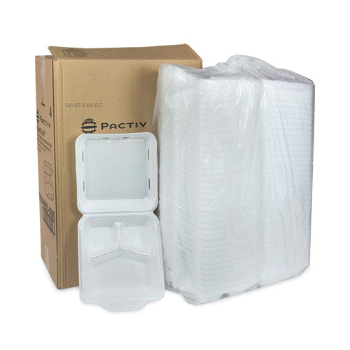 Image of Pactiv Evergreen YHLWV9030000 SmartLock Vented Foam Hinged Lid Container, 3 Compartments, 9 x 9.3 x 3.3, White, 150/Carton