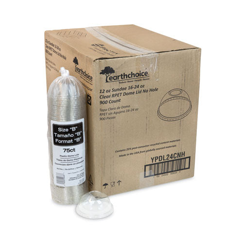 Image of Pactiv Evergreen YPDL24CNH EarthChoice Strawless RPET Lid, Dome Lid, Fits 12 oz to 24 oz "B" Cups, Plastic, Clear, 1,020/Carton