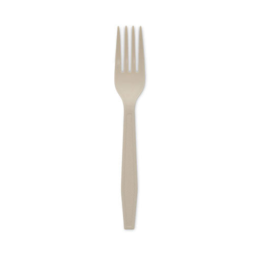 Image of Pactiv Evergreen YPSMFTEC EarthChoice PSM Cutlery, Heavyweight Fork, Plastic, Tan, 1,000/Carton
