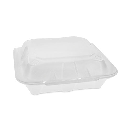 Image of Pactiv Evergreen YTD18801ECON Vented Foam Hinged Lid Container, Dual Tab Lock Economy, 8.4 x 8 x 3, White, 150/Carton