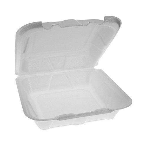 Image of Pactiv Evergreen YTD18801ECON Vented Foam Hinged Lid Container, Dual Tab Lock Economy, 8.4 x 8 x 3, White, 150/Carton