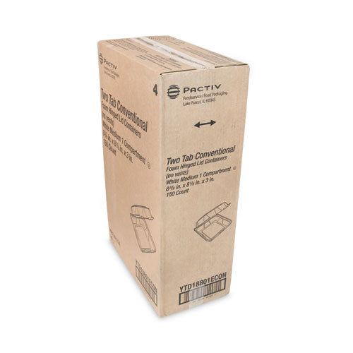 Image of Pactiv Evergreen YTD18801ECON Vented Foam Hinged Lid Container, Dual Tab Lock Economy, 8.4 x 8 x 3, White, 150/Carton