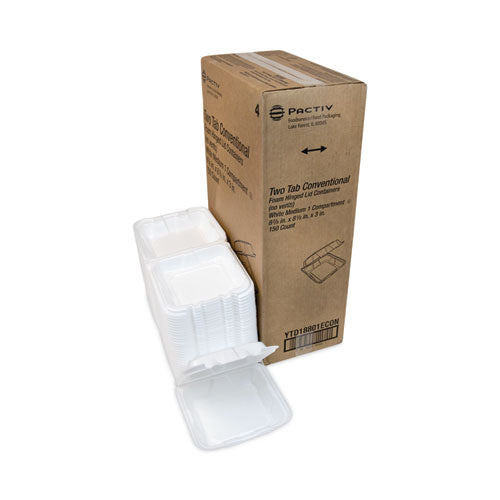 Image of Pactiv Evergreen YTD18801ECON Vented Foam Hinged Lid Container, Dual Tab Lock Economy, 8.4 x 8 x 3, White, 150/Carton