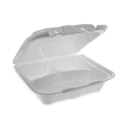 Image of Pactiv Evergreen YTD18803ECON Vented Foam Hinged Lid Container, Dual Tab Lock Economy, 3 Compartments, 8.4 x 8 x 3, White, 150/Carton