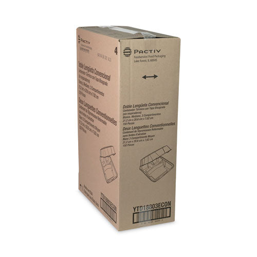 Image of Pactiv Evergreen YTD18803ECON Vented Foam Hinged Lid Container, Dual Tab Lock Economy, 3 Compartments, 8.4 x 8 x 3, White, 150/Carton