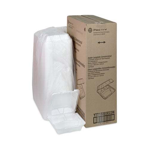 Image of Pactiv Evergreen YTD18803ECON Vented Foam Hinged Lid Container, Dual Tab Lock Economy, 3 Compartments, 8.4 x 8 x 3, White, 150/Carton